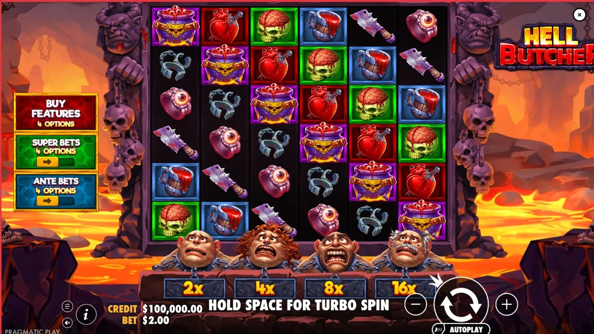 Hell Butcher slot game screen na nagpapakita ng madilim na kusina at mga simbolo ng horror