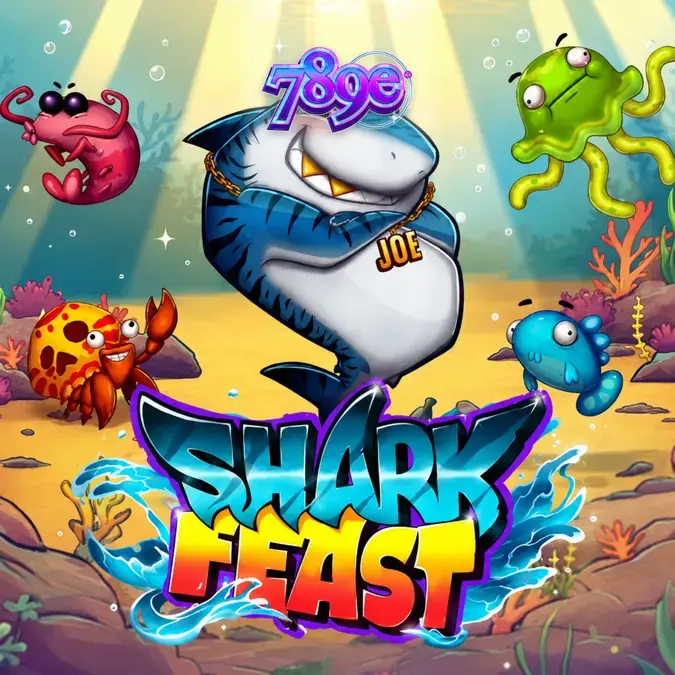 Shark Feast slot game grid na may makukulay na underwater theme at multiplier bubbles.